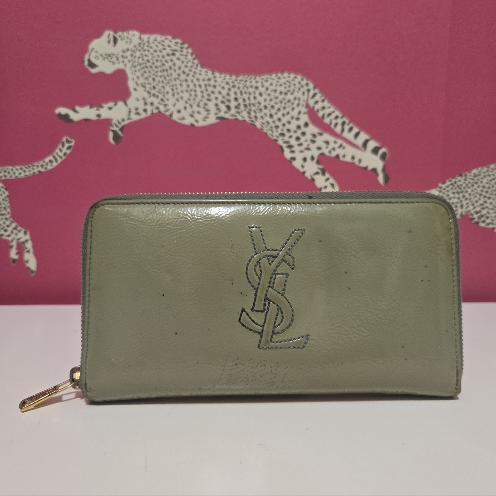 GUC Yves Saint Laurent Olive Green Patent Leather Ziparound Continental Wallet